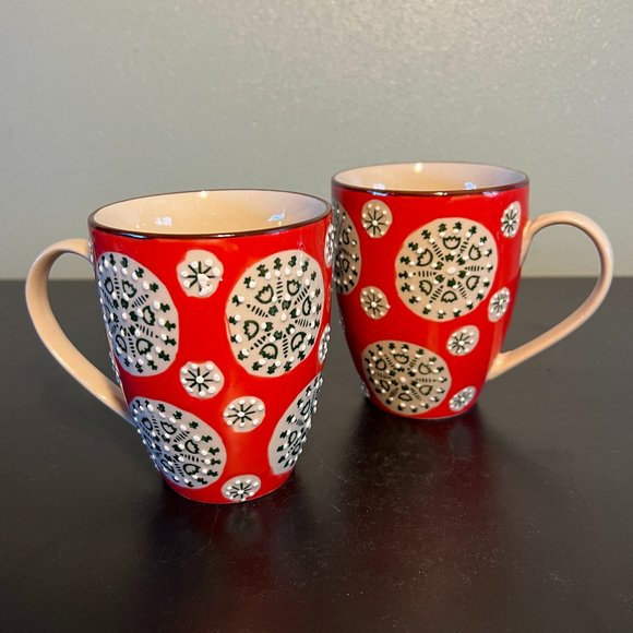 Pair of CHEHOMA Bohemian Ceramic Mugs w/ Embossed Raised Dot Designs - Picture 3 of 9